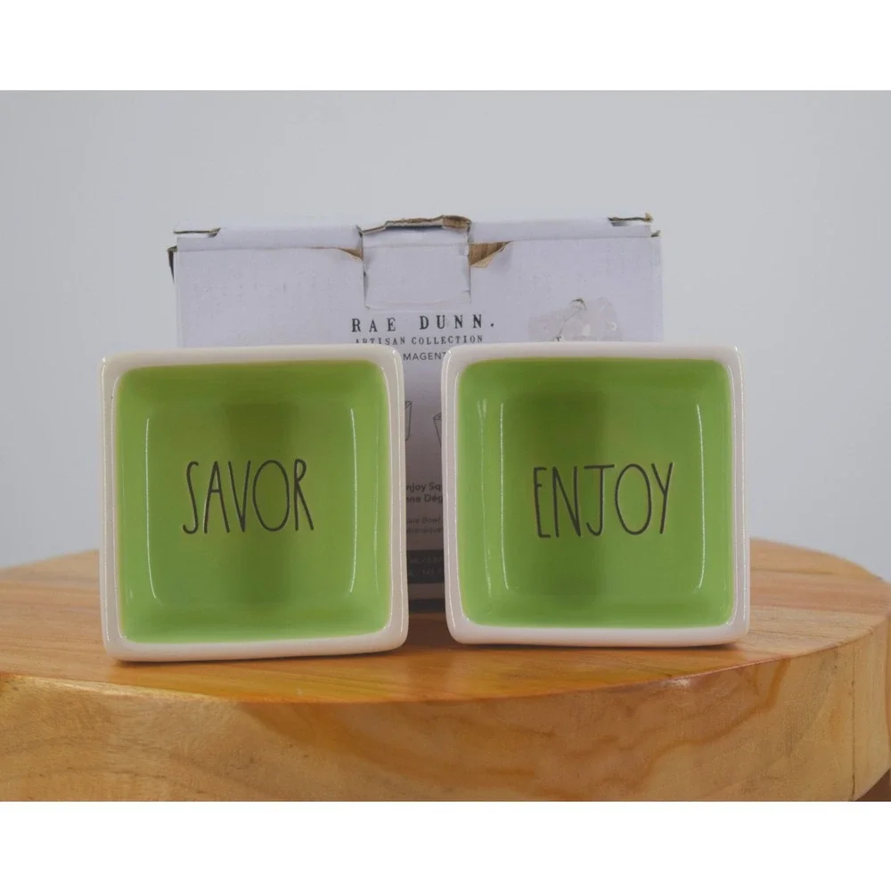 Rae Dunn Artisan Collection Savor Enjoy‎ Square Dipping Bowls Set